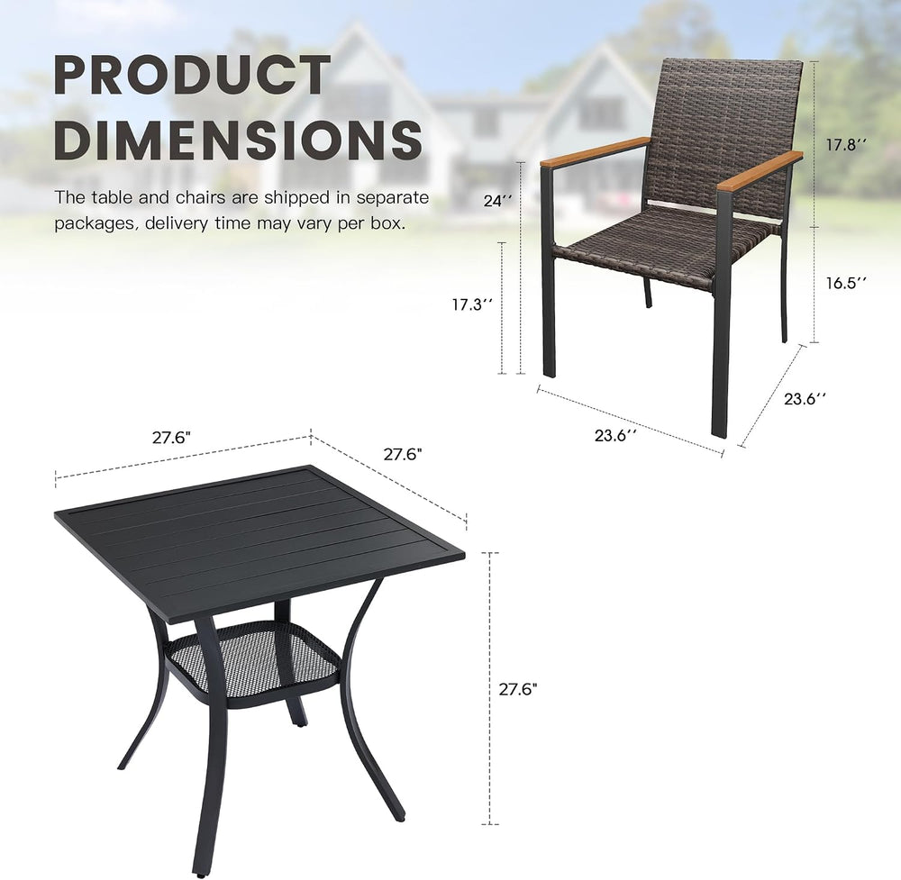 Small Patio Dining Set for 2, 27.5" Square Metal Table and Stackable Wic...