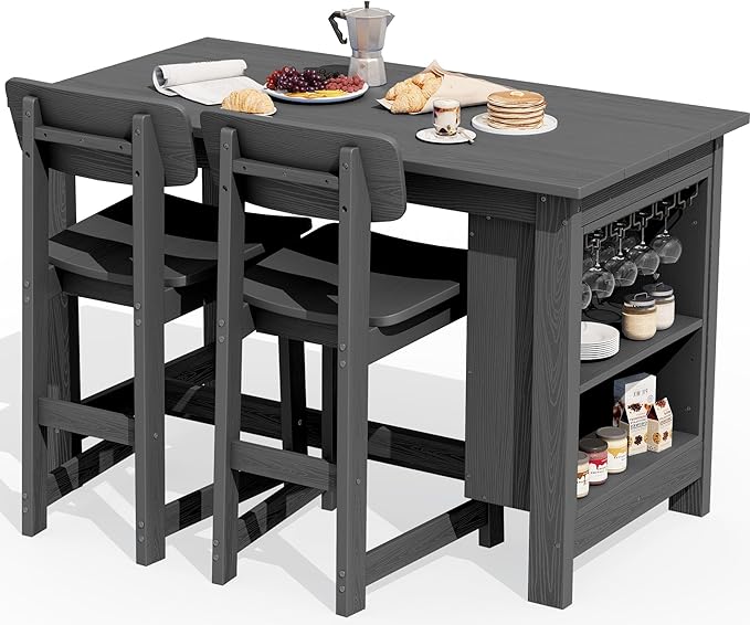 SERWALL 3-Piece Outdoor Counter Height Bar Set, HDPE Patio Bar Table with Win...