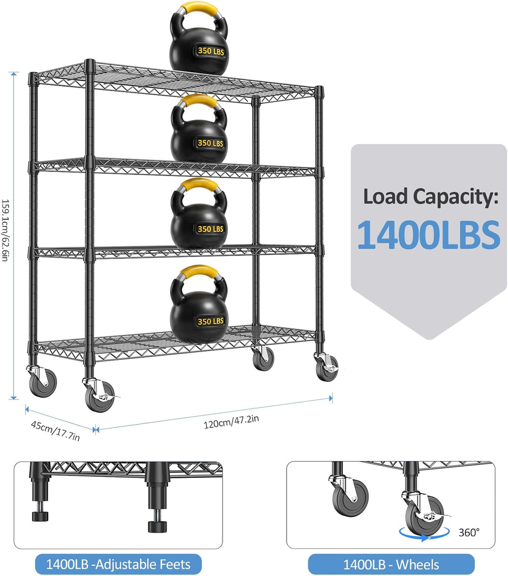 IZEUK 4-Tier Black Wire Shelving Unit with Wheels, Heavy Duty Storage Rack 14...