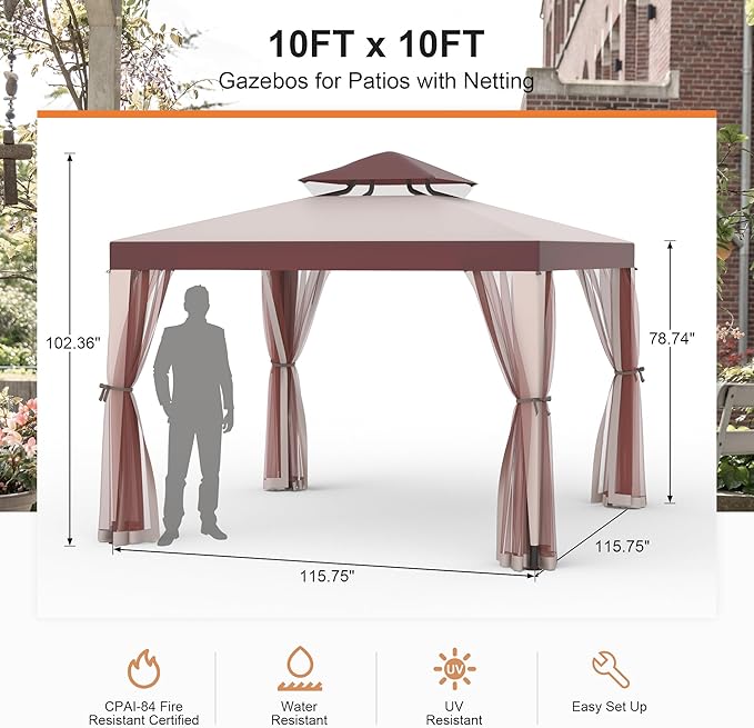 Patio Gazebo Tent Outdoor Canopy Shelter 10'x10' with Removable Netti...