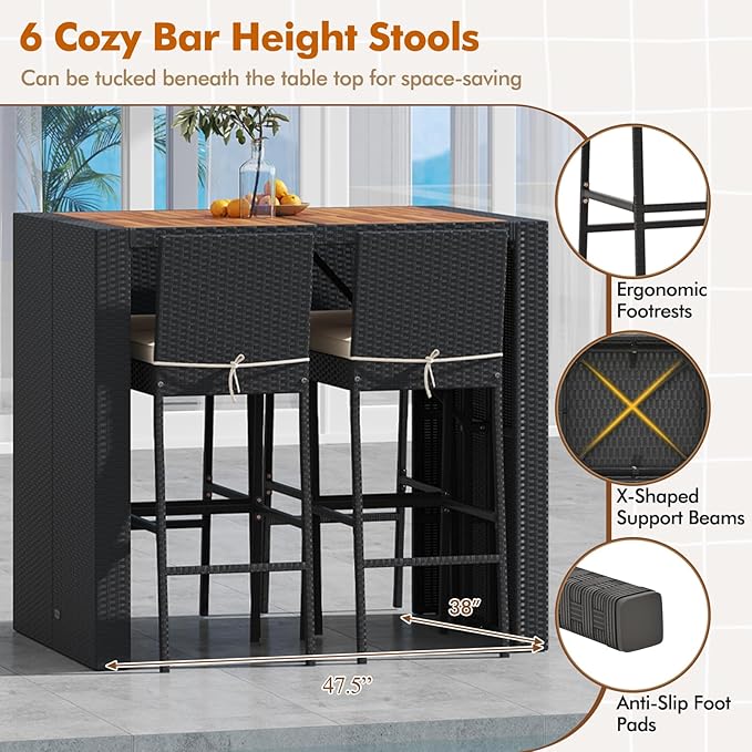 COSTWAY 5 Piece Patio Bar Set, Outdoor Rattan Wicker Bar Table and 30'