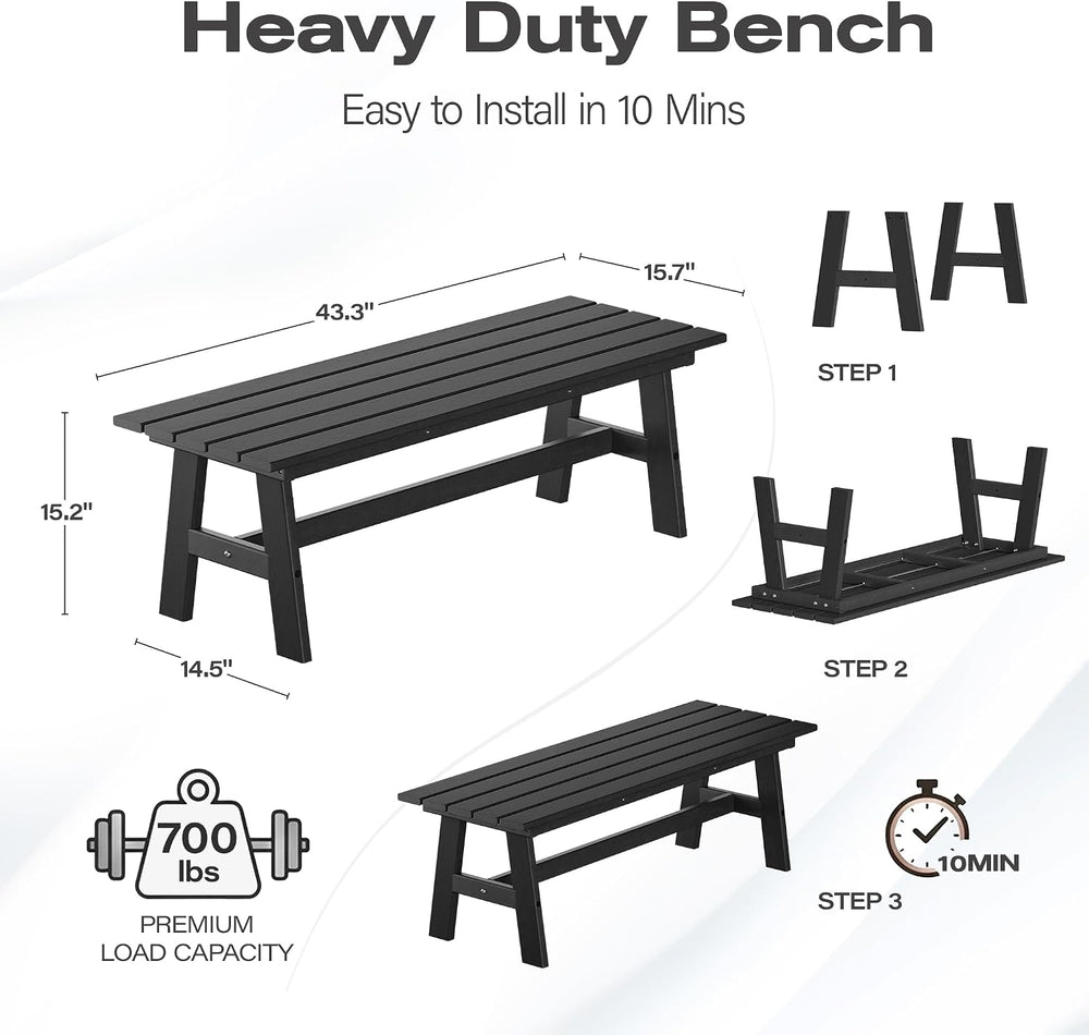 nalone Outdoor Bench, All-Weather HDPE Backless Bench for Porch (Black)