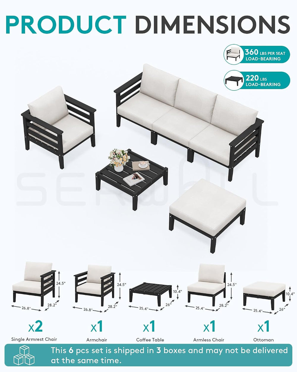 SERWALL HDPE Patio Furniture Set, 6 Pieces Outdoor Sectional Sofa Set