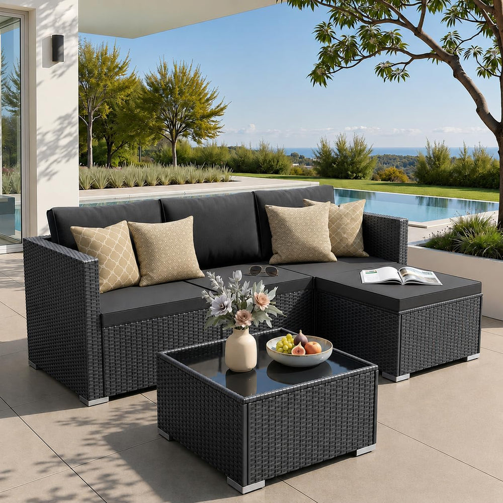 WWR Patio Furniture Set 5 Piece - Wide Armrests - All-Weather Wicker Rattan O...