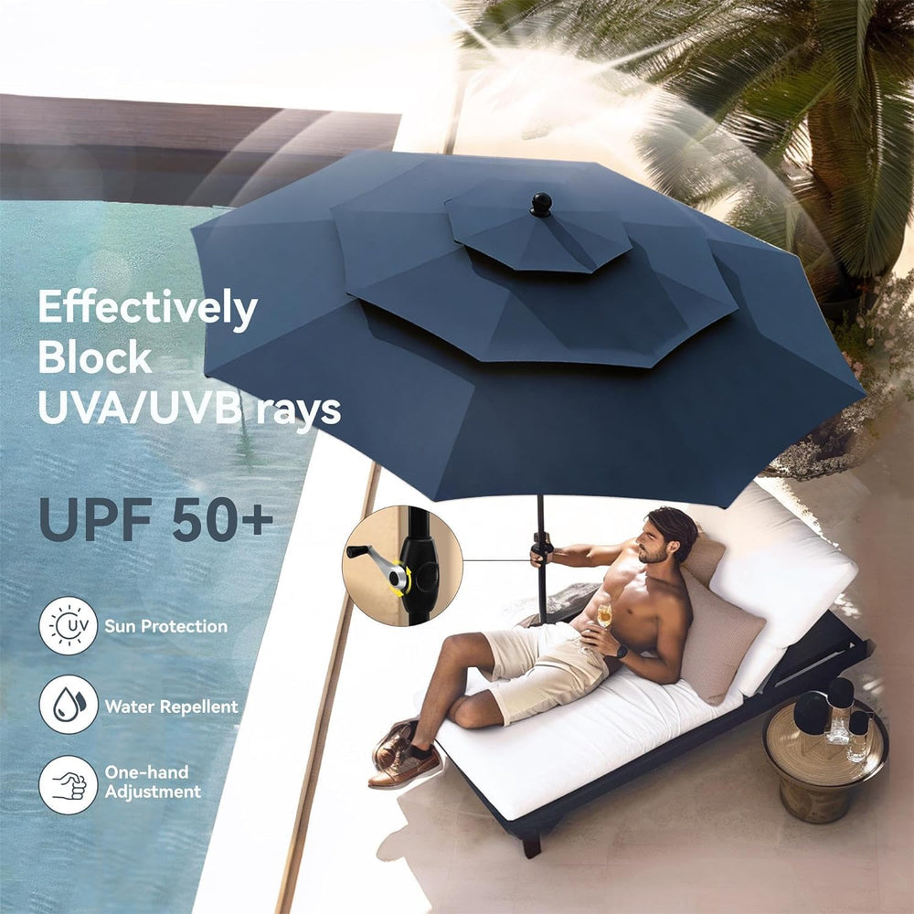 PHI VILLA 5pc Patio Dining Set with 10ft Blue Umbrella, 4 Rattan Chairs