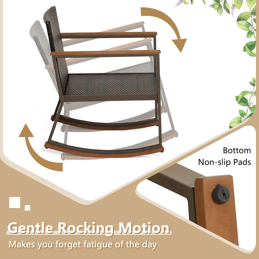 COSTWAY 3 Pieces Patio Rocking Bistro Set, Outdoor Wicker Acacia Wood Sets