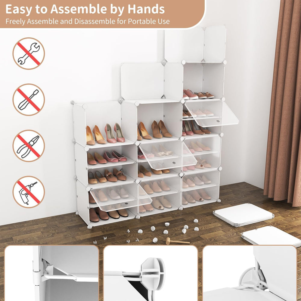 ROJASOP Portable Shoe Rack Organizer with Door, 72 Pairs White Shoe Storage C...
