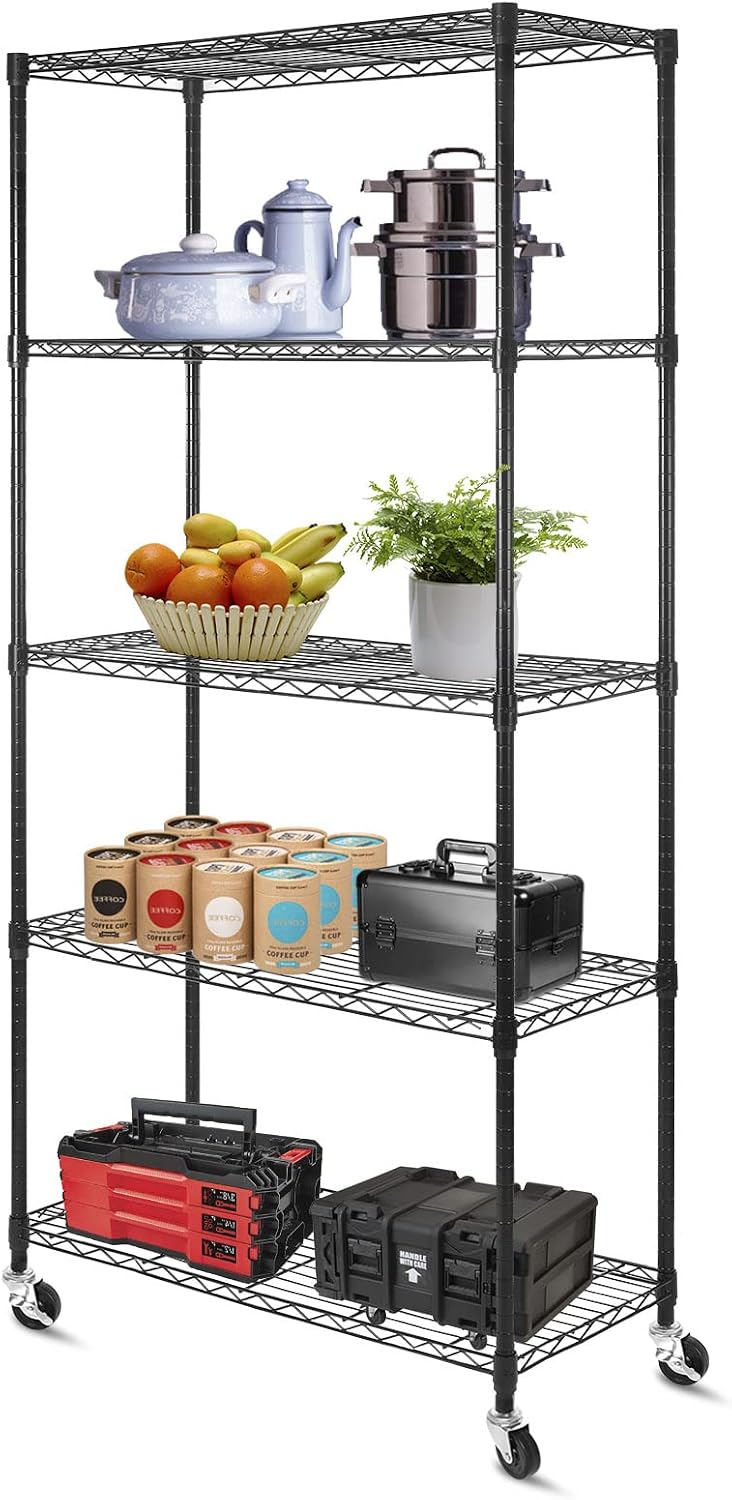 WDT 5 Tier Shelf Shelving Unit with Wheels,Adjustable Metal Shelves for Stora...