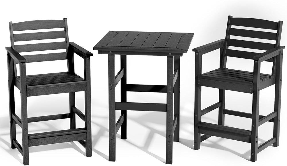 3-Piece Outdoor Bistro Bar Set, HDPE Bar Height Table & Chairs, Black