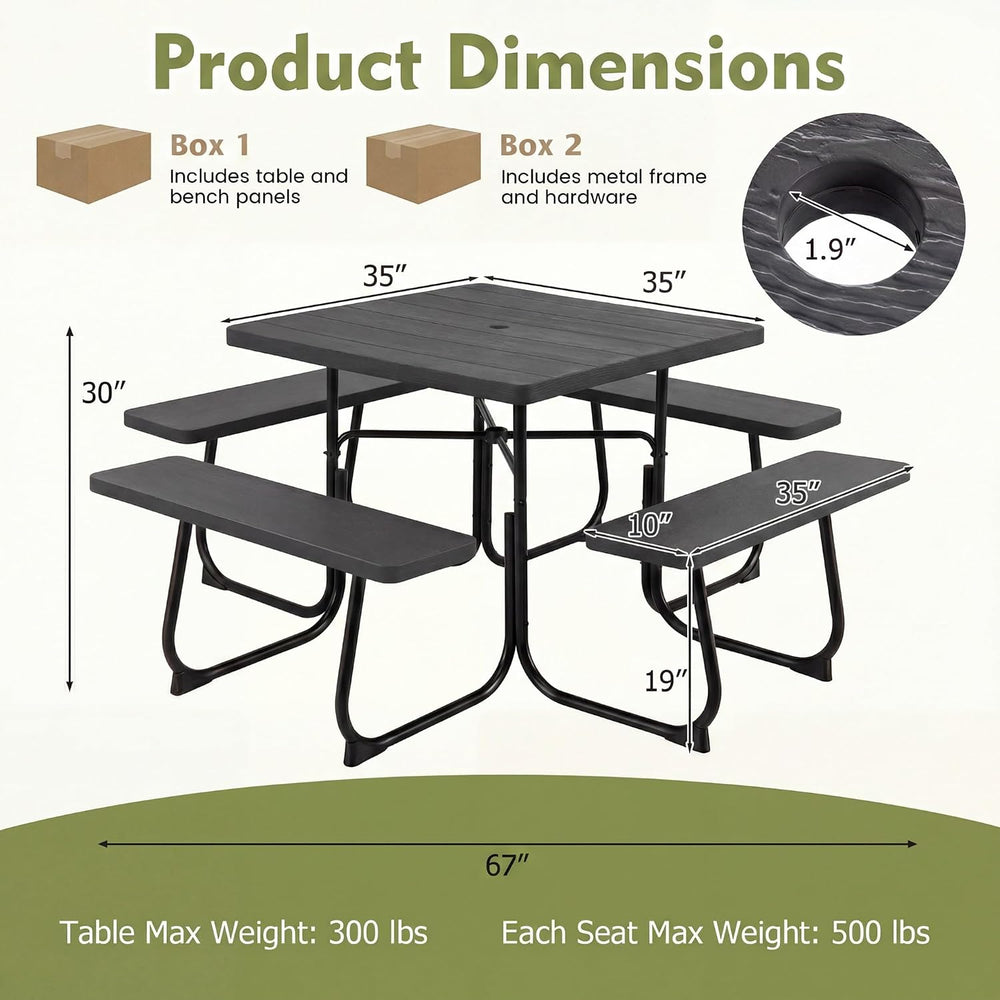 GYMAX Picnic Table Bench with Umbrella Hole, 8 Person Square Outdoor Picnic T...