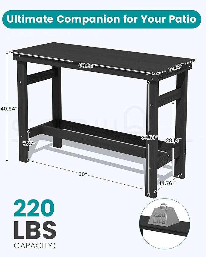 SERWALL 41" Outdoor Bar Table with 1.6" Umbrella Hole, HDPE Patio B...