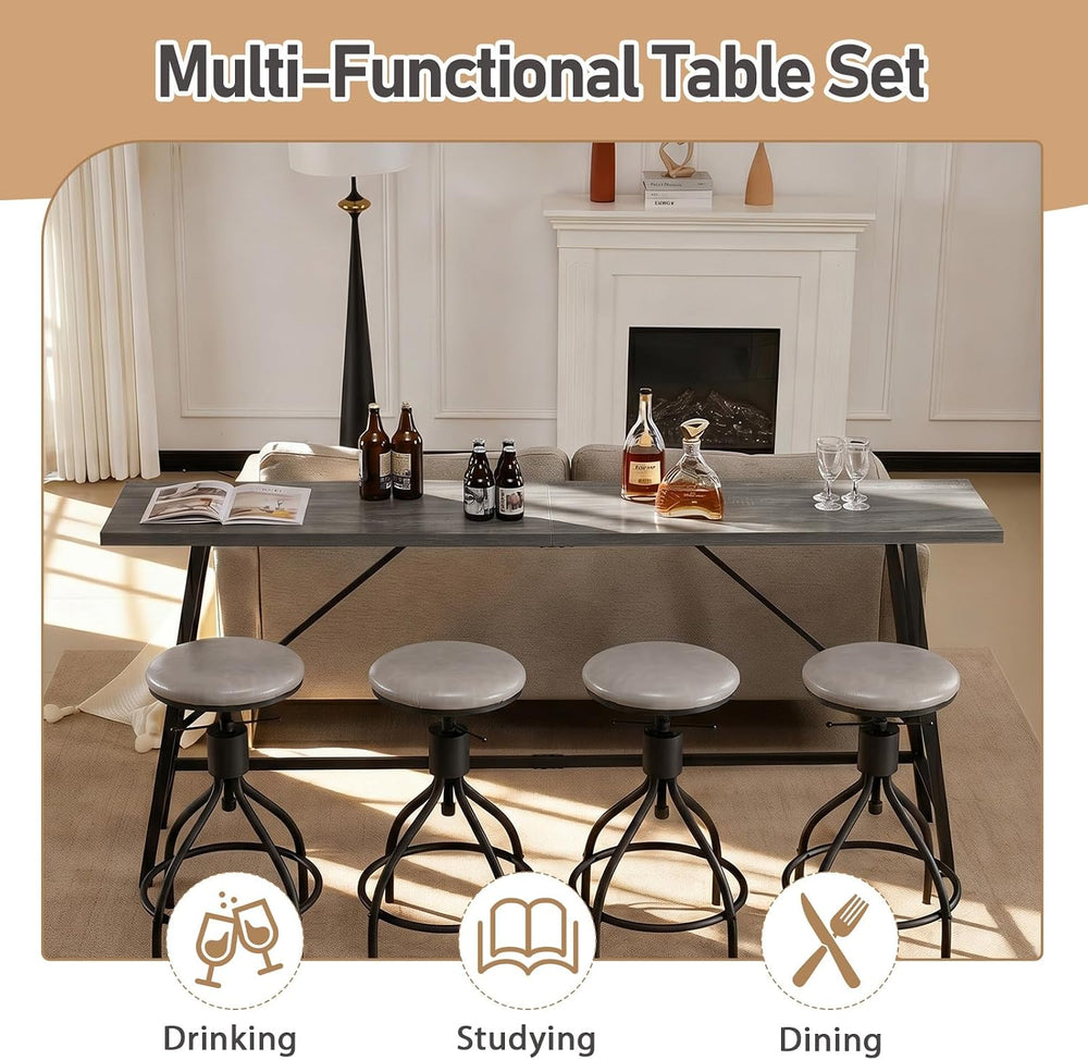 Karl home 83.8" Bar Table and Chairs Set, 4 Adjustable PU Stools, Gray
