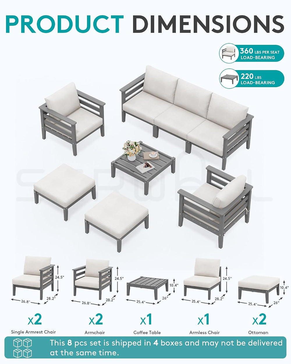 SERWALL HDPE Patio Furniture Set, 8 Pieces Composite Outdoor Furniture