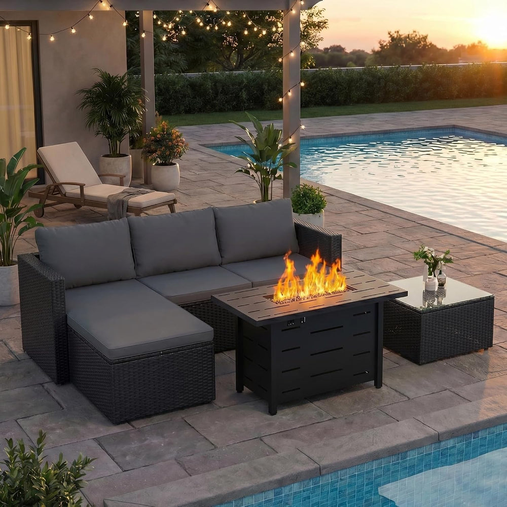 JAMFLY 4-Piece PE Wicker Patio Set with 43" Propane Fire Pit Table, Grey