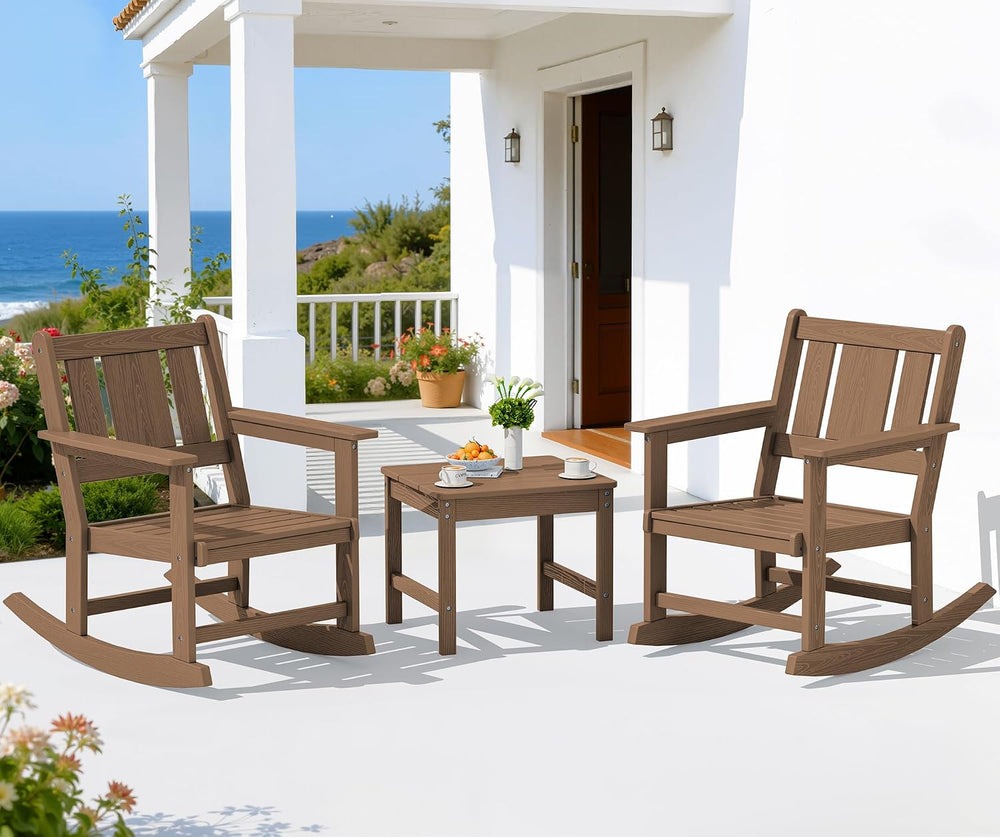 SERWALL 3-Piece Patio Furniture Set with 2 Rocking Chairs & Table, Brown