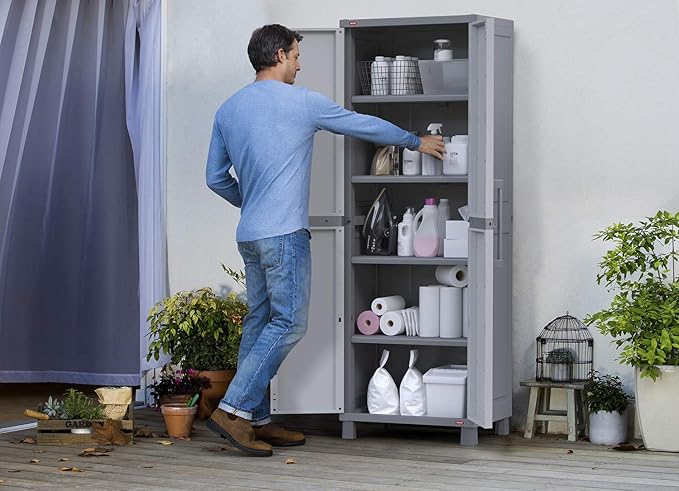 Keter Storage Cabinet with Doors and Shelves for Laundry Room, Garage, Bathro...
