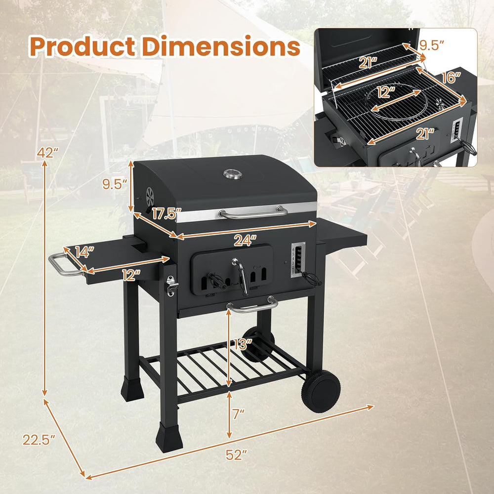 Happygrill Barrel Charcoal Grill with 2 Folding Side Tables & 2 Wheels