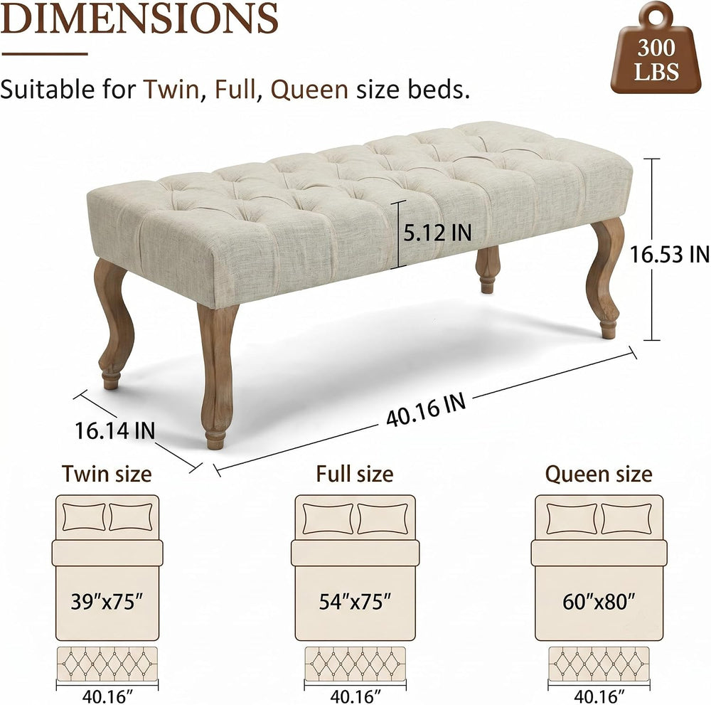 40" Accent Bench, Upholstered Tufted Ottoman Bench French Vintage Entryw...