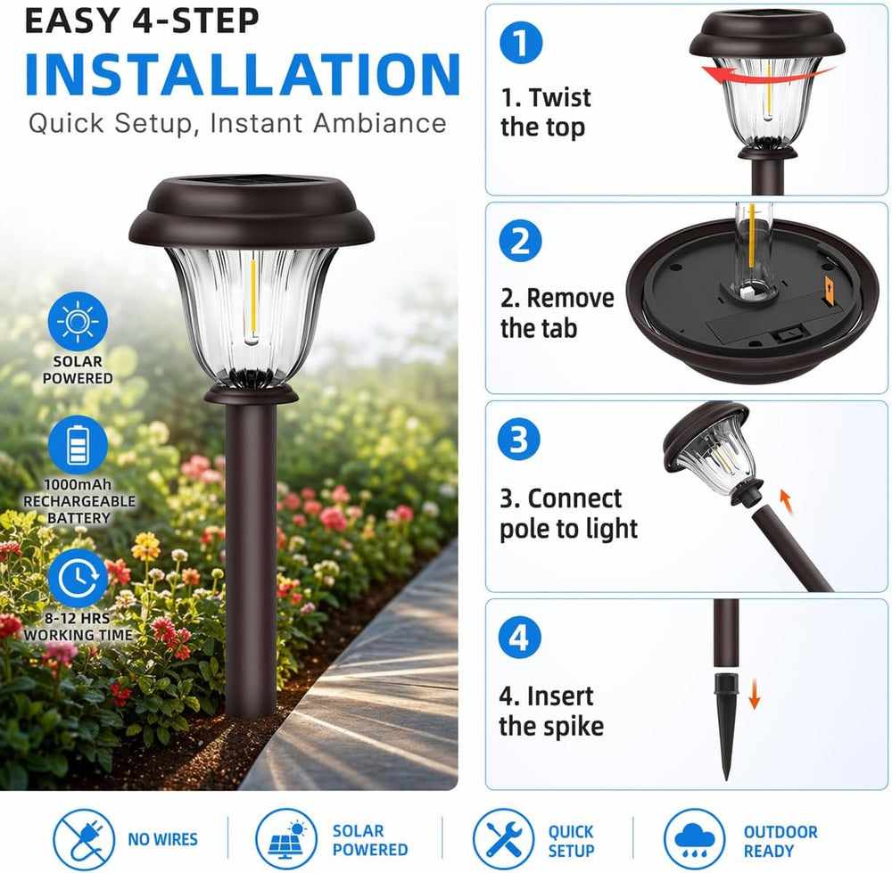 Solar Lights Outdoor, 6 Pack Brushed Stainless Steel Glass Solar Pathway Ligh...