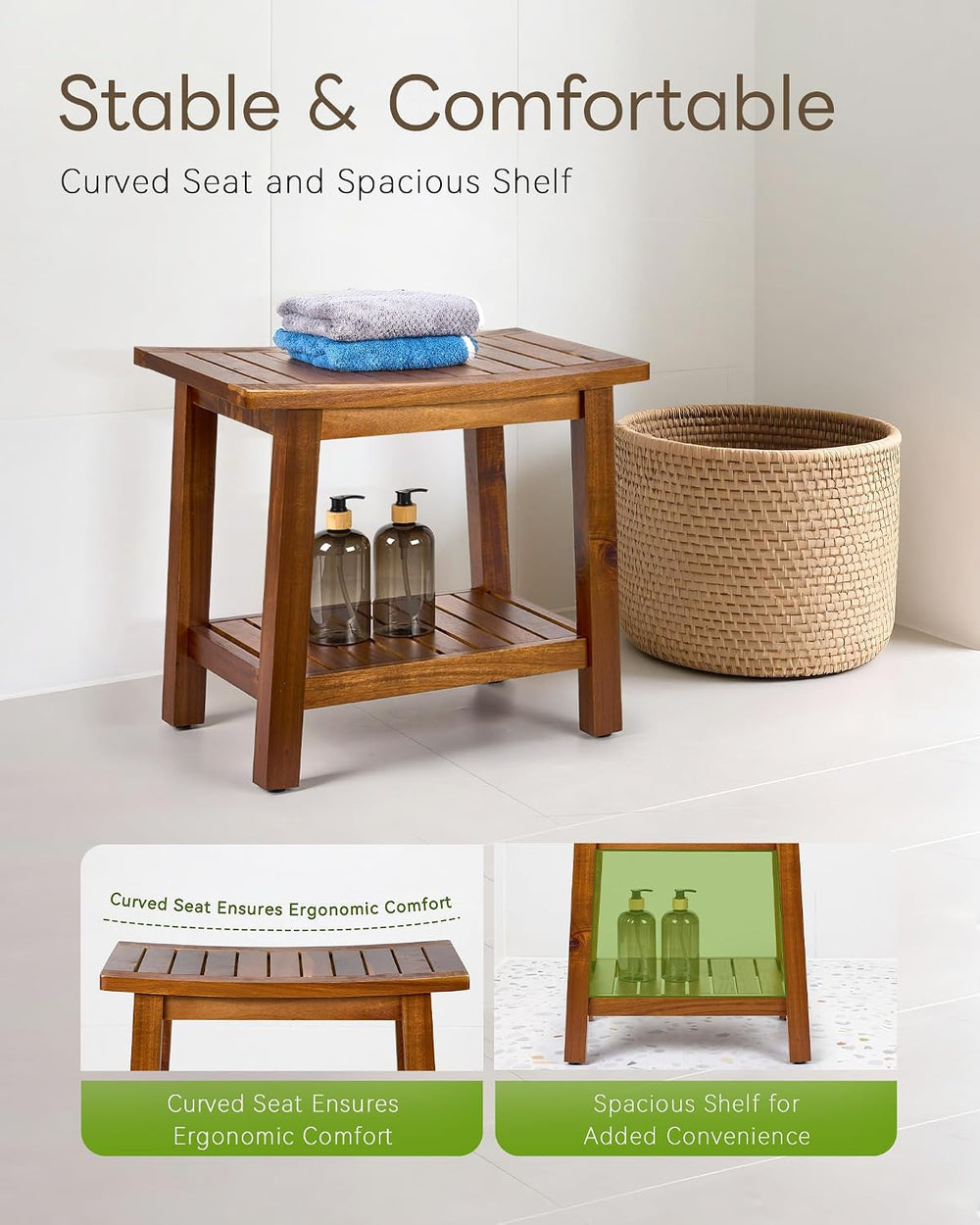 Upolana Outdoor Shower Bench, 20" Solid Acacia Wood Shower Stool Waterpr...