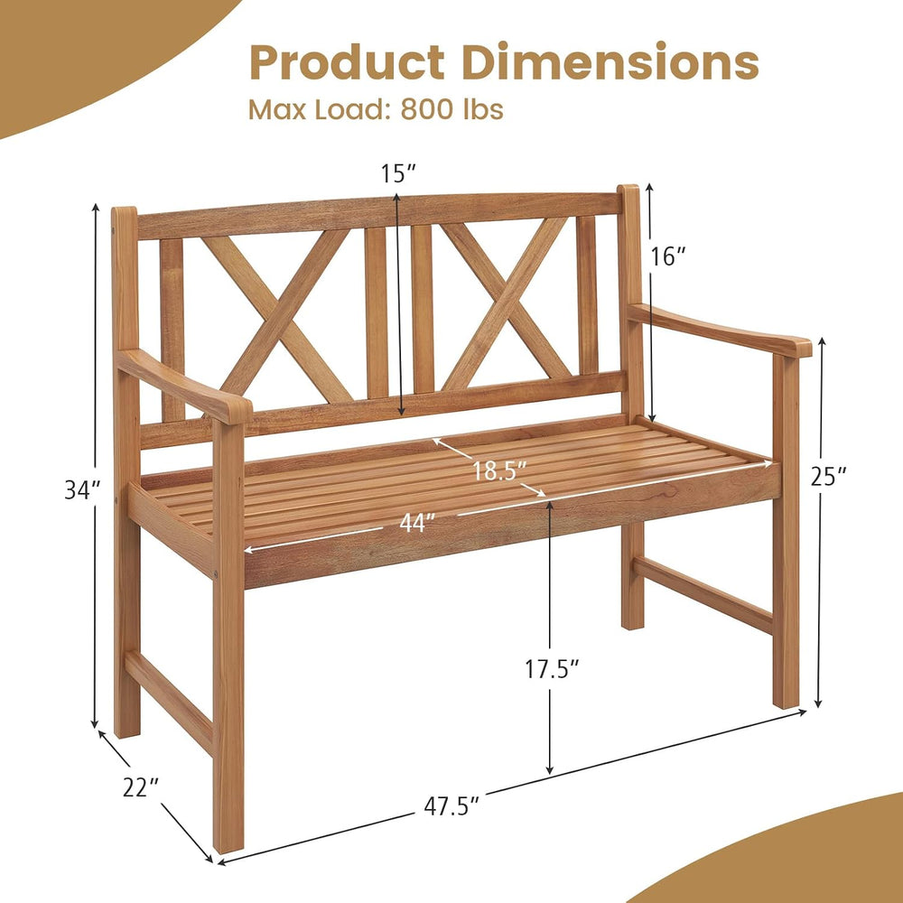 Tangkula Patio Acacia Wood Bench, 2-Person Outdoor Loveseat Chair, Cozy Armre...