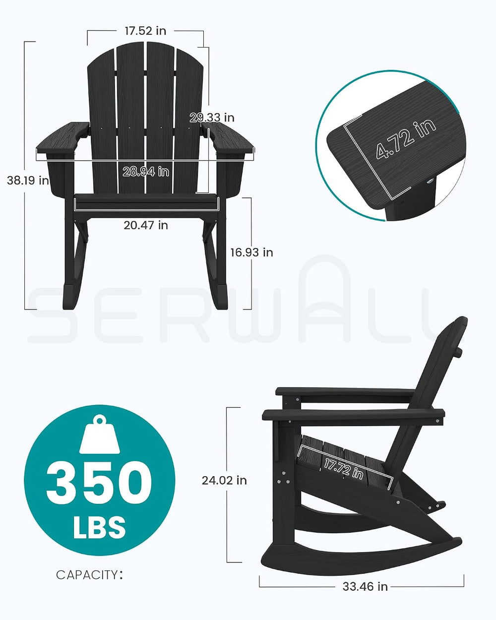 SERWALL Outdoor HDPE Adirondack Rocking Chair, All-Weather, Black
