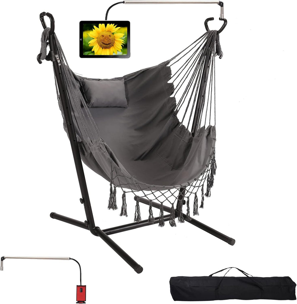 Hammock with Stand Phone Holder Included Double Hanging Chair Macrame Boho Ha...