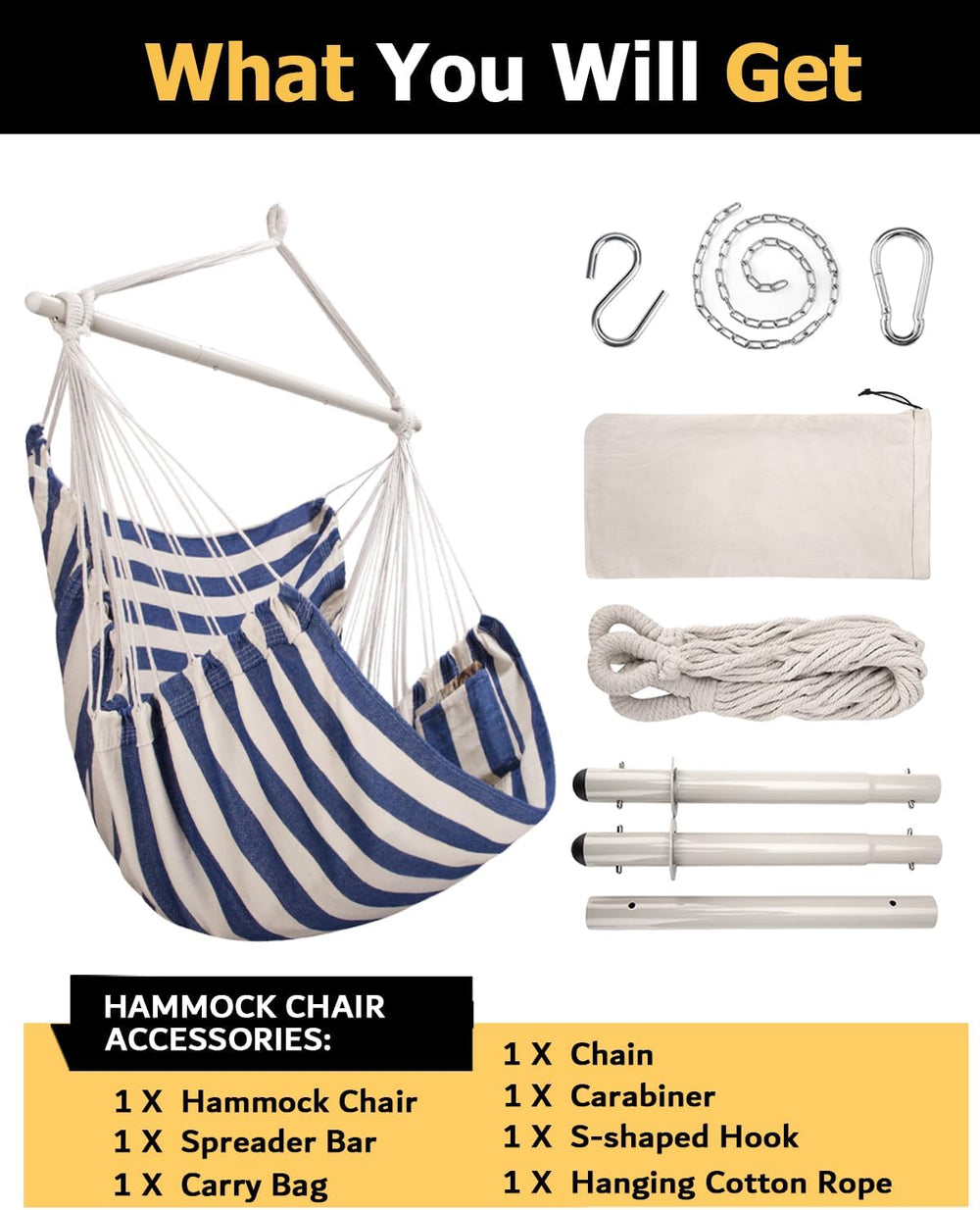 ADVOKAIR Hammock Chair Swing XXL, 1/3 Larger Than Standard, 500lbs