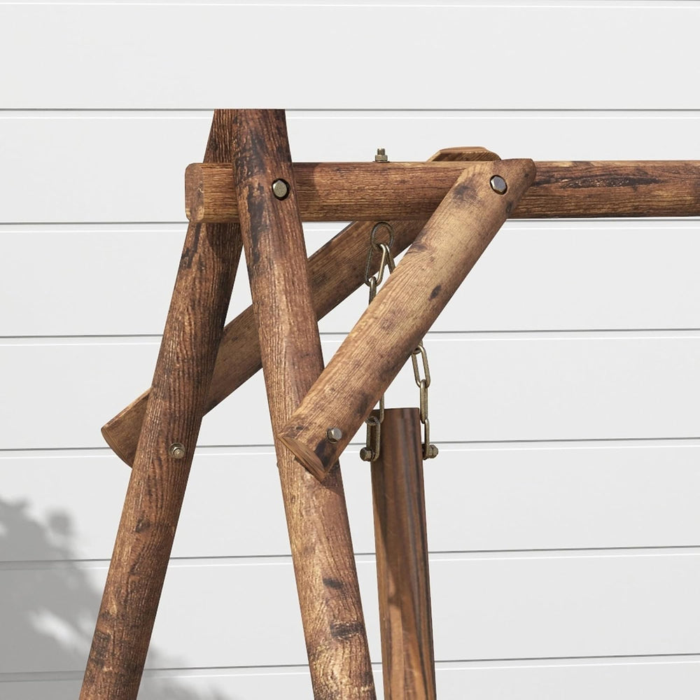 Outsunny 2-Seat Porch Swing A-Frame Stand Wooden Log Patio Carbonized Brown