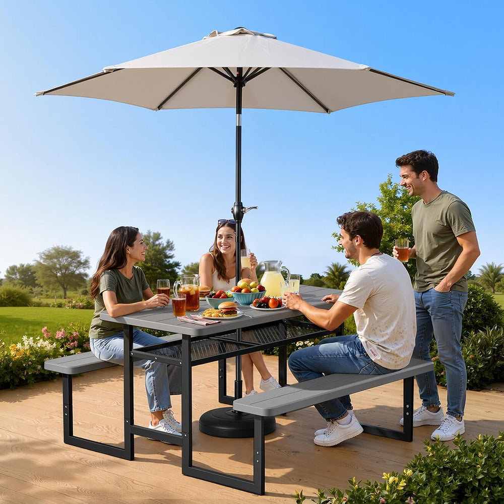 VINGLI 4.5FT Outdoor Picnic Table with Storage Shelf & Umbrella Hole, All...