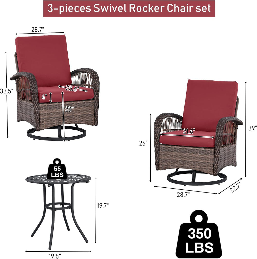 Rophefx 3-Piece Patio Furniture Set, Swivel Rocker Chairs and Table, Red