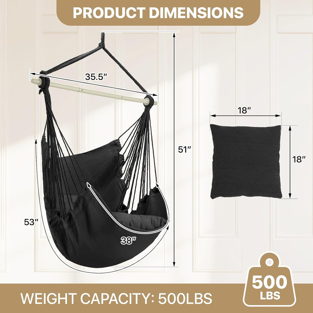 Hammock Chair Hanging Rope Swing w/2 Cushions, Hold 350lbs, Black