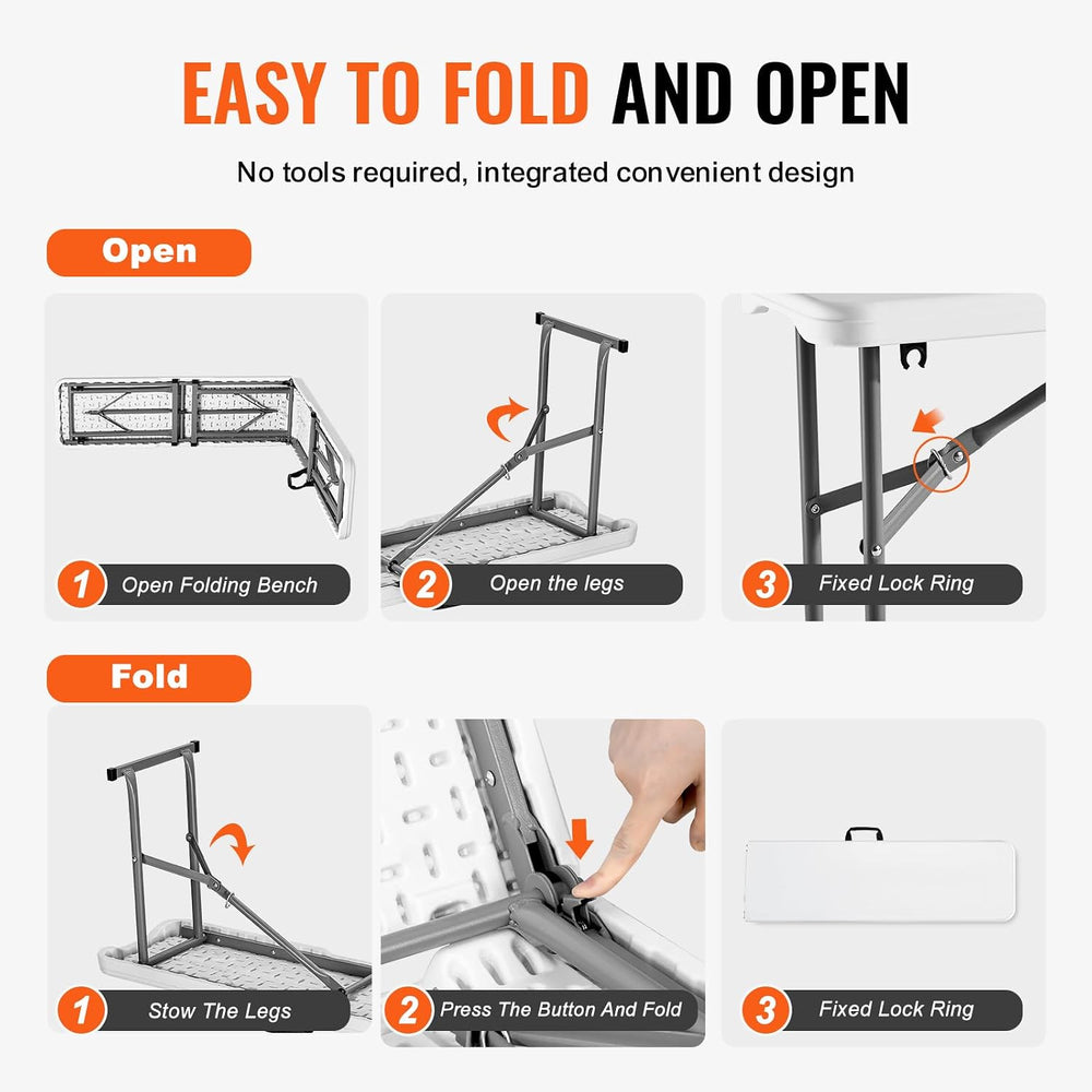 VEVOR Plastic Folding Bench, 6ft Portable Folding Bench, Smooth High Density ...
