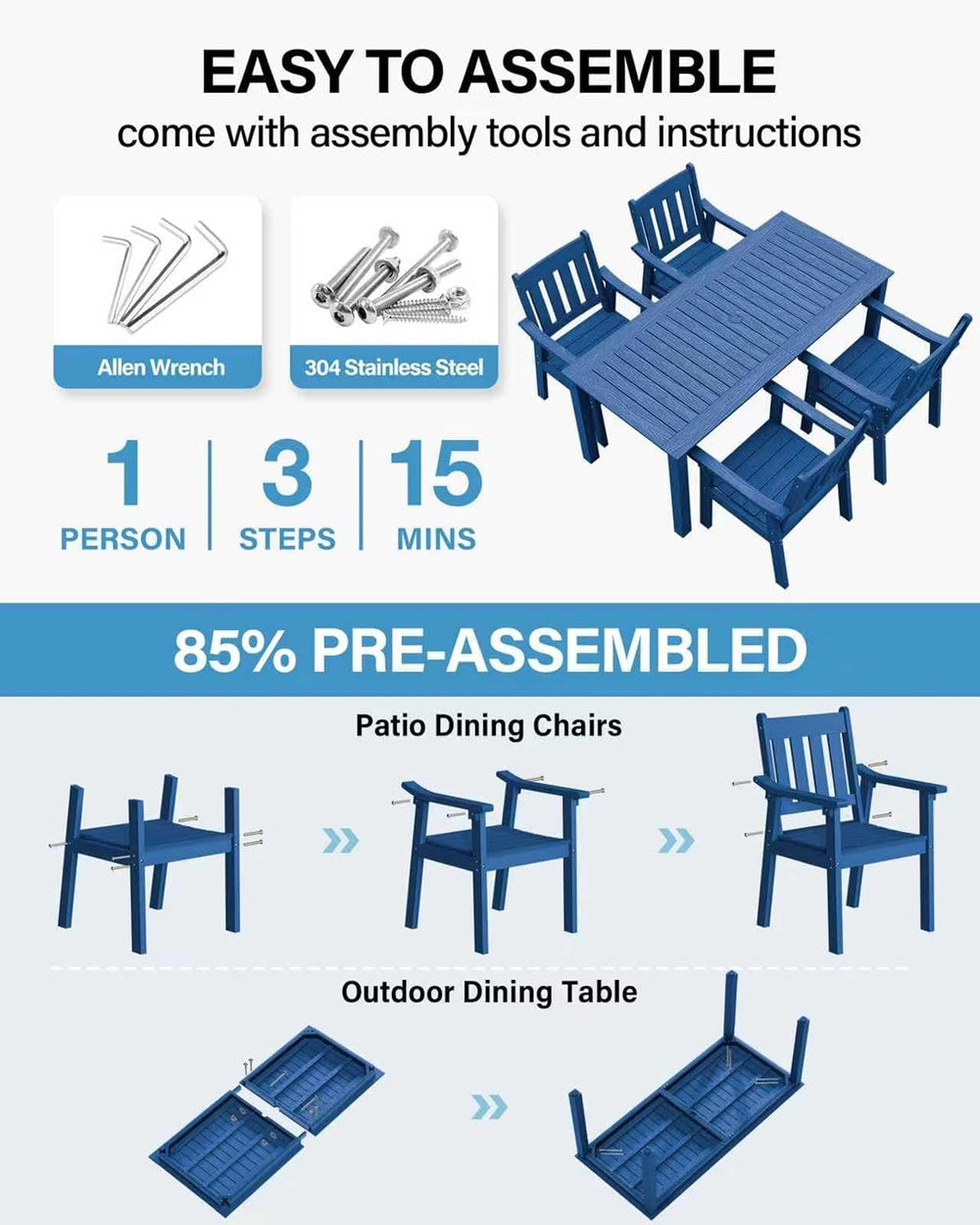 YEFU 5-Piece Patio Table Set, All-Weather HIPS, Metal Aluminum Frame, Blue