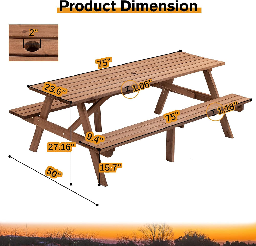 KEIKI 8-Person Wooden Picnic Table, Outdoor Camping Dining Table with 2 Built...