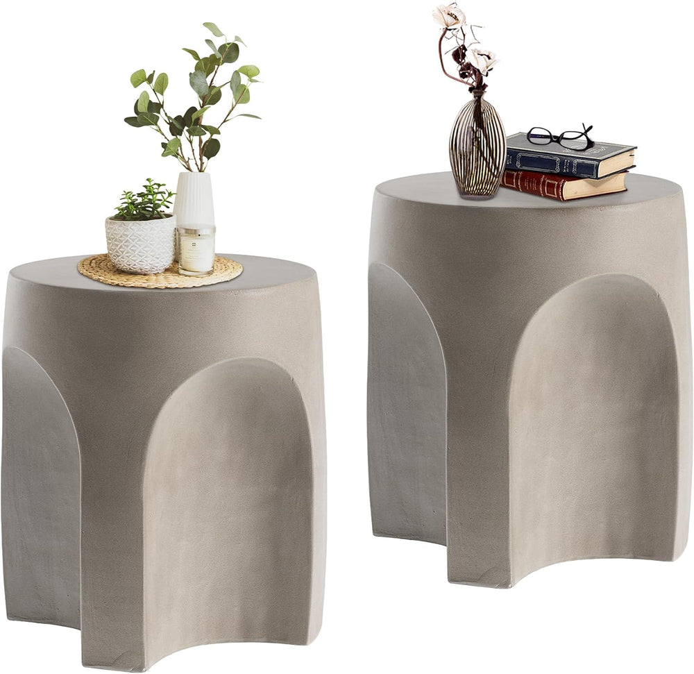 HOMPUS Outdoor Side Table Set of 2, Unique Concrete End Table w Arch Shape