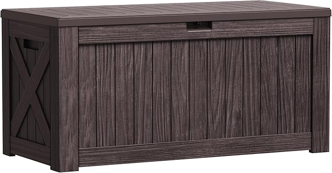 Greesum Outdoor Storage Box 120 Gallon Storage Bin with Lid for Patio Furniture, Garden Tools, Pool Supplies, Lockable, Waterproof and UV Resistant, Dark Brown