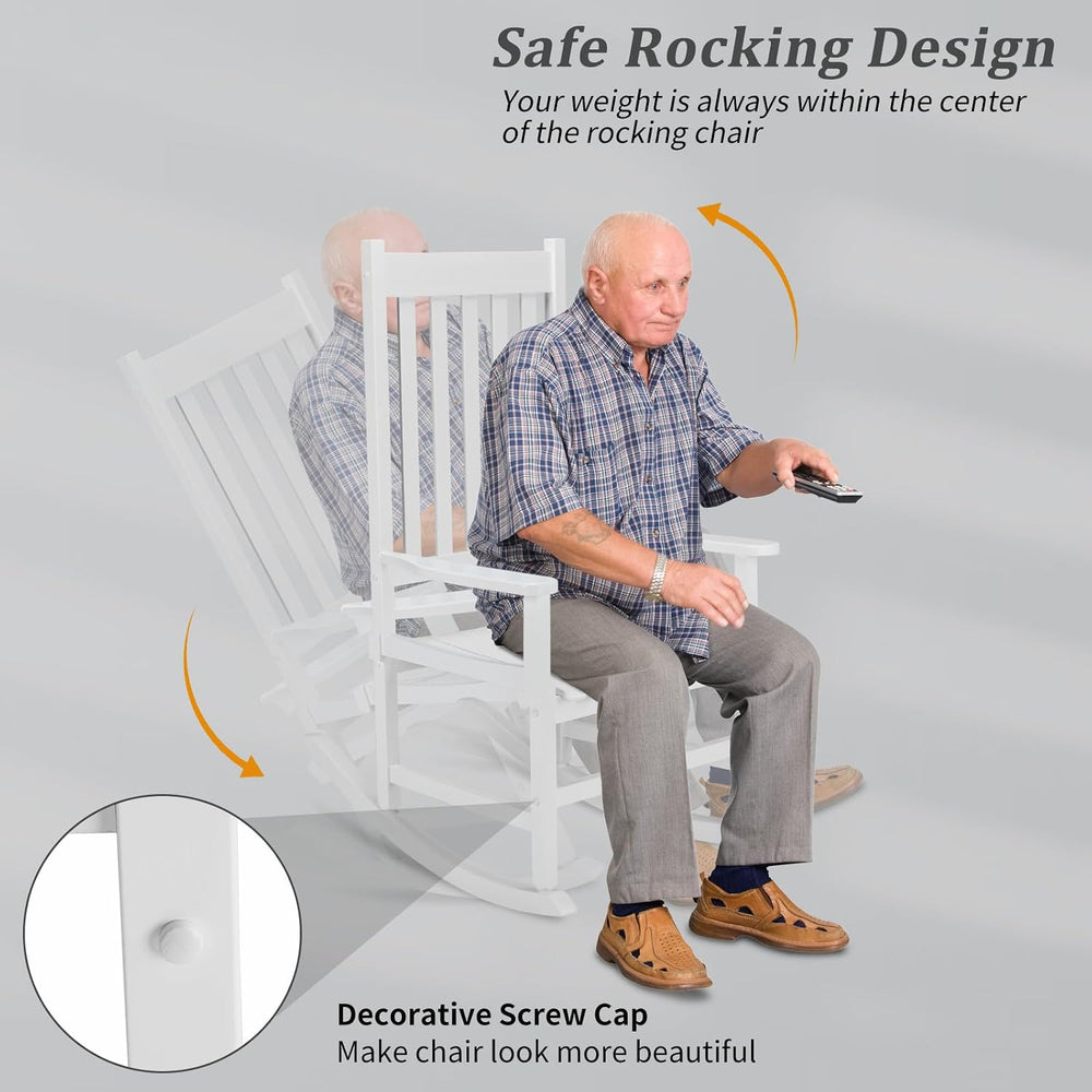 Outvita Outdoor Rocking Chair, Solid Wood High Back Porch Rocker, White