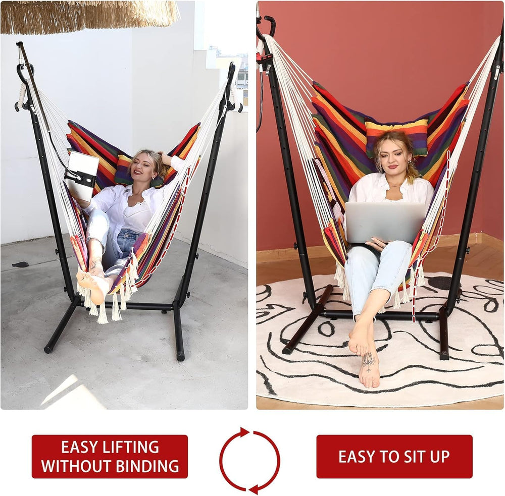 ZEYU Double Hammock Chair with Stand -Iridescent Strips