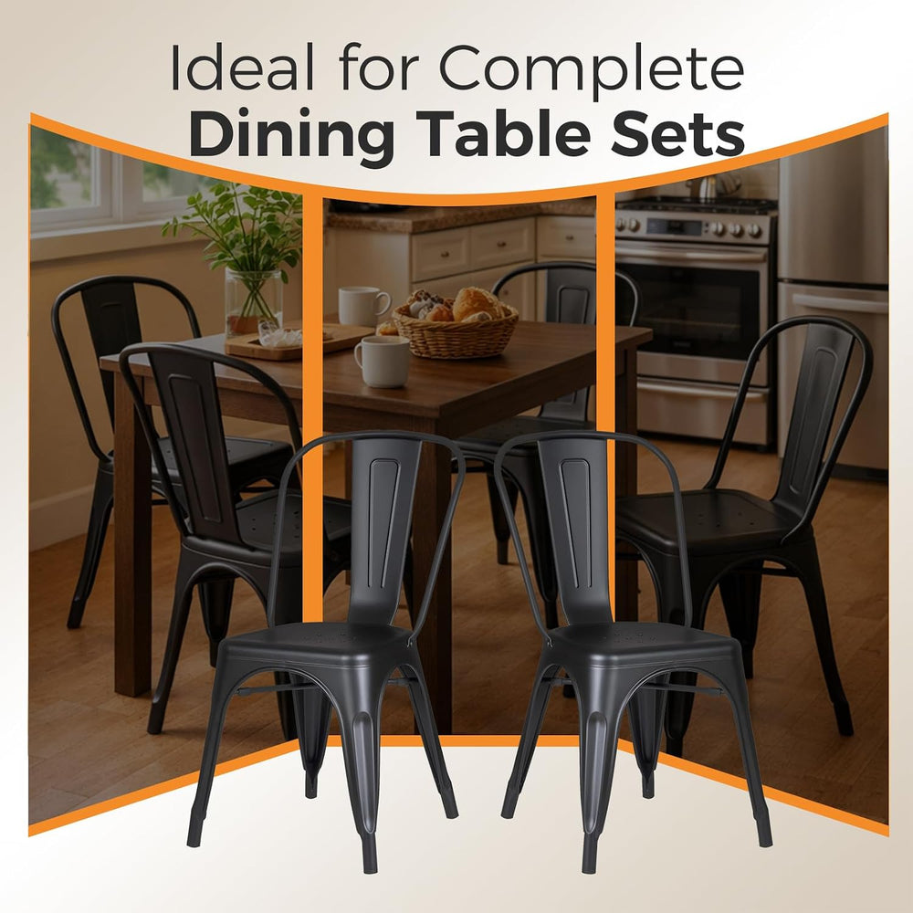Metal Dining Chairs with Backrest, Stackable, Matte Black, 6 Pack