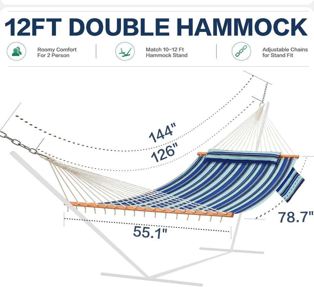 GAFETE 12ft 2 Person Hammock for Outside with Hardwood Spreader Bar
