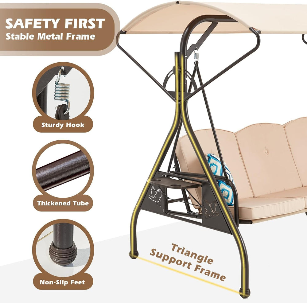 ZZW 800LBS Patio Swing with Canopy 3 Seat Outdoor Porch Swing with Stand w/Cu...