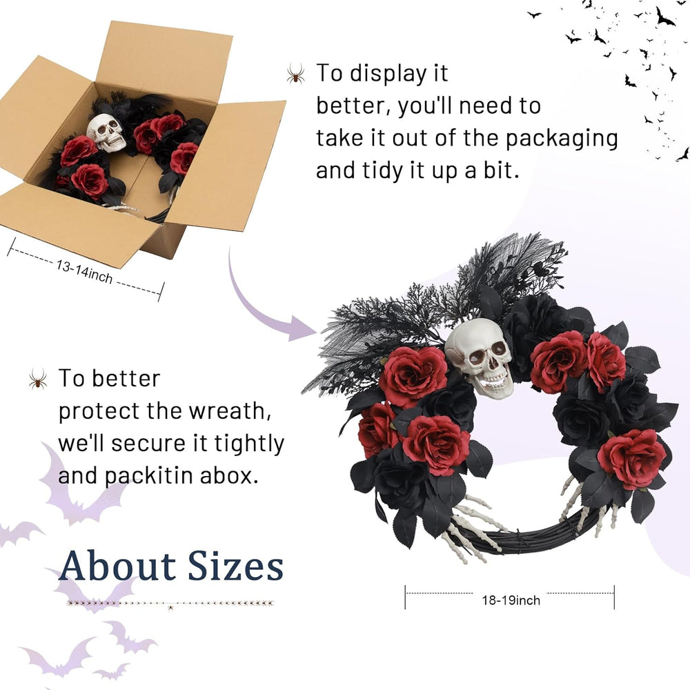 18" Halloween Wreaths for Front Door with Skull and Skeleton Hands