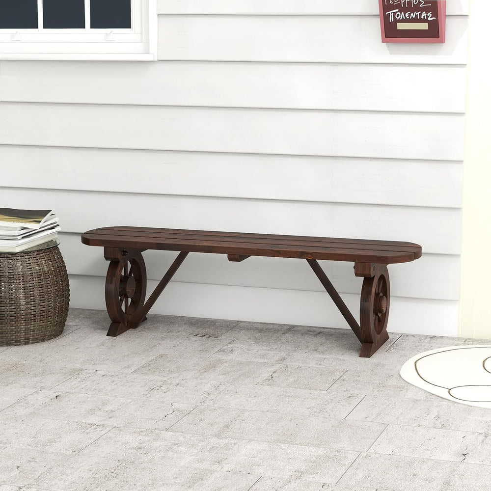 GIANTEX 2-Person Wooden Outdoor Bench with Wagon Wheel Legs, Slatted Seat, Ru...