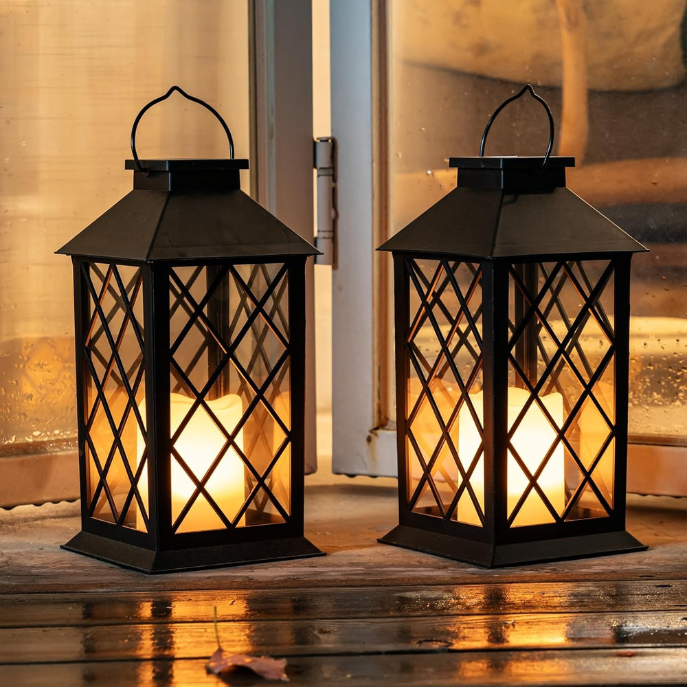 Homemory 2 Pack 13'' Black Solar Lanterns, Flickering Flame Hanging L...