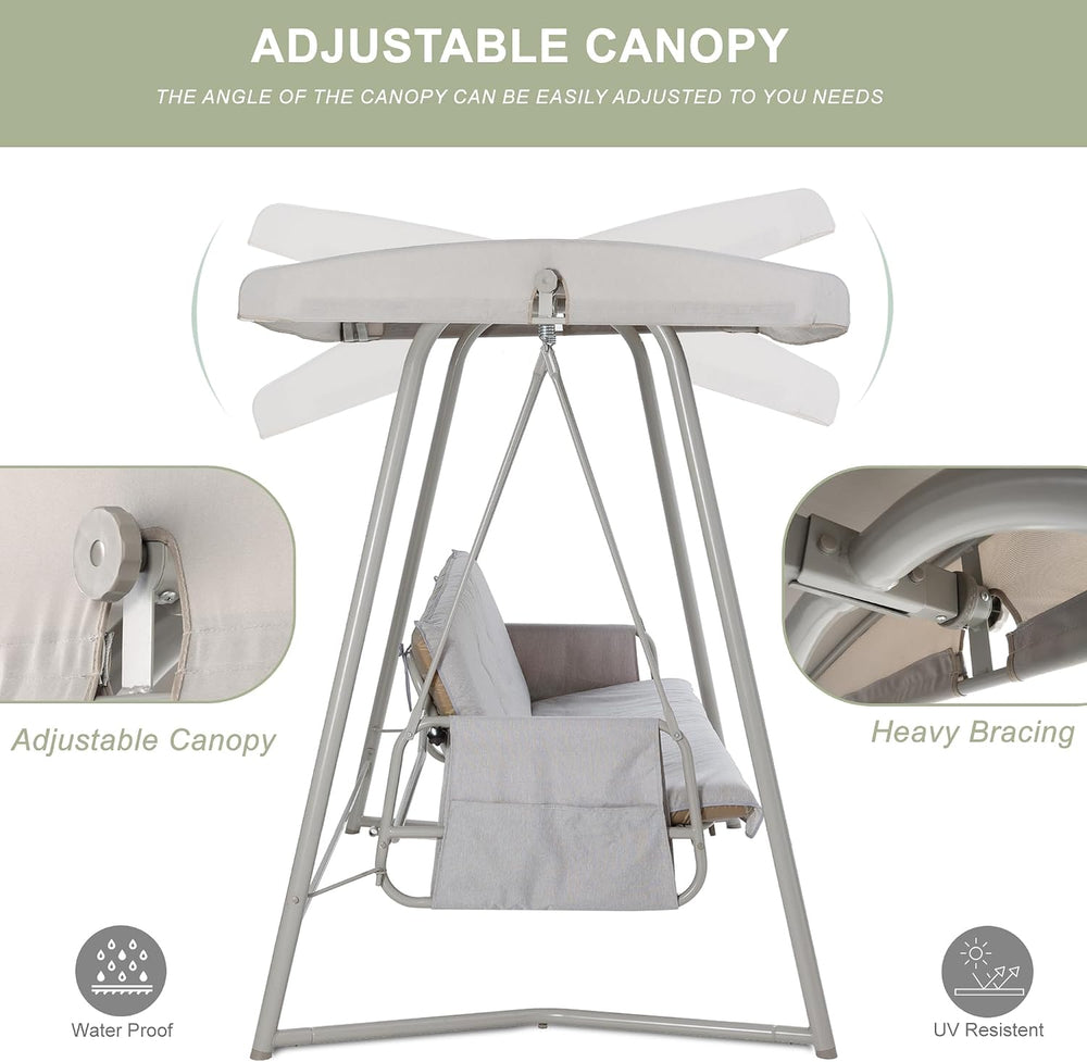 3-4 Person Oversized Outdoor Porch Swing with Adjustable Backrest Canopy,2-in...