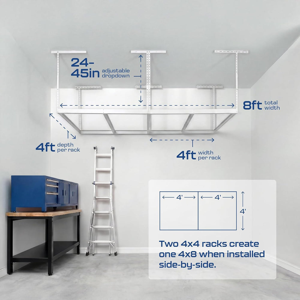 MonsterRax 4x8 Overhead Storage Rack Frame Kit, White, 24”-45” Height