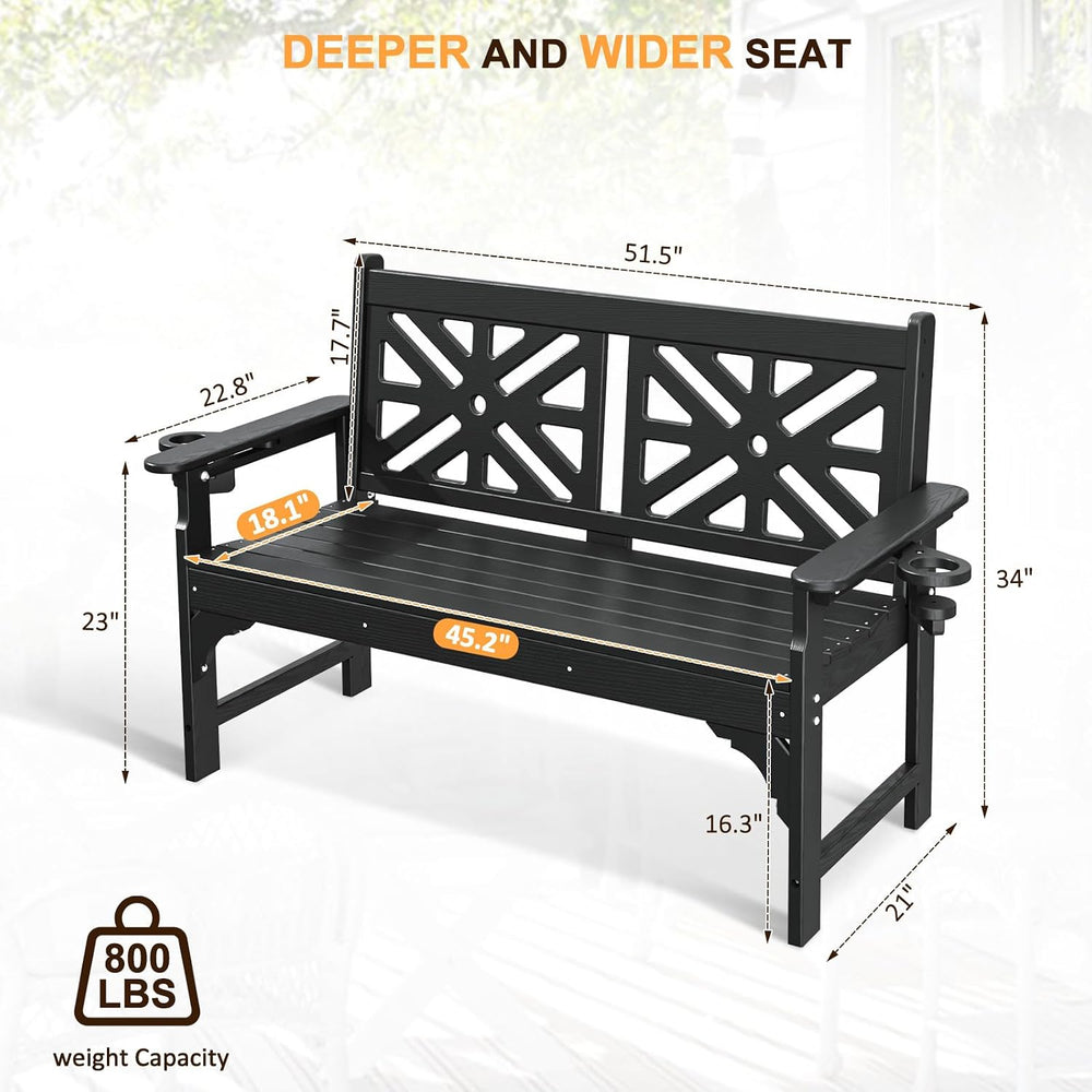 nalone Outdoor Bench with Cup Holders, HDPE Porch Bench Fade Proof (Black)