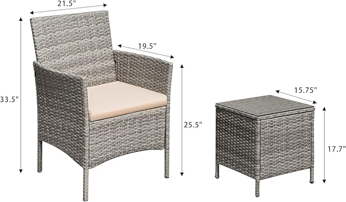 Greesum 3 Pieces Patio Furniture Sets Outdoor PE Rattan Wicker Chairs with So...