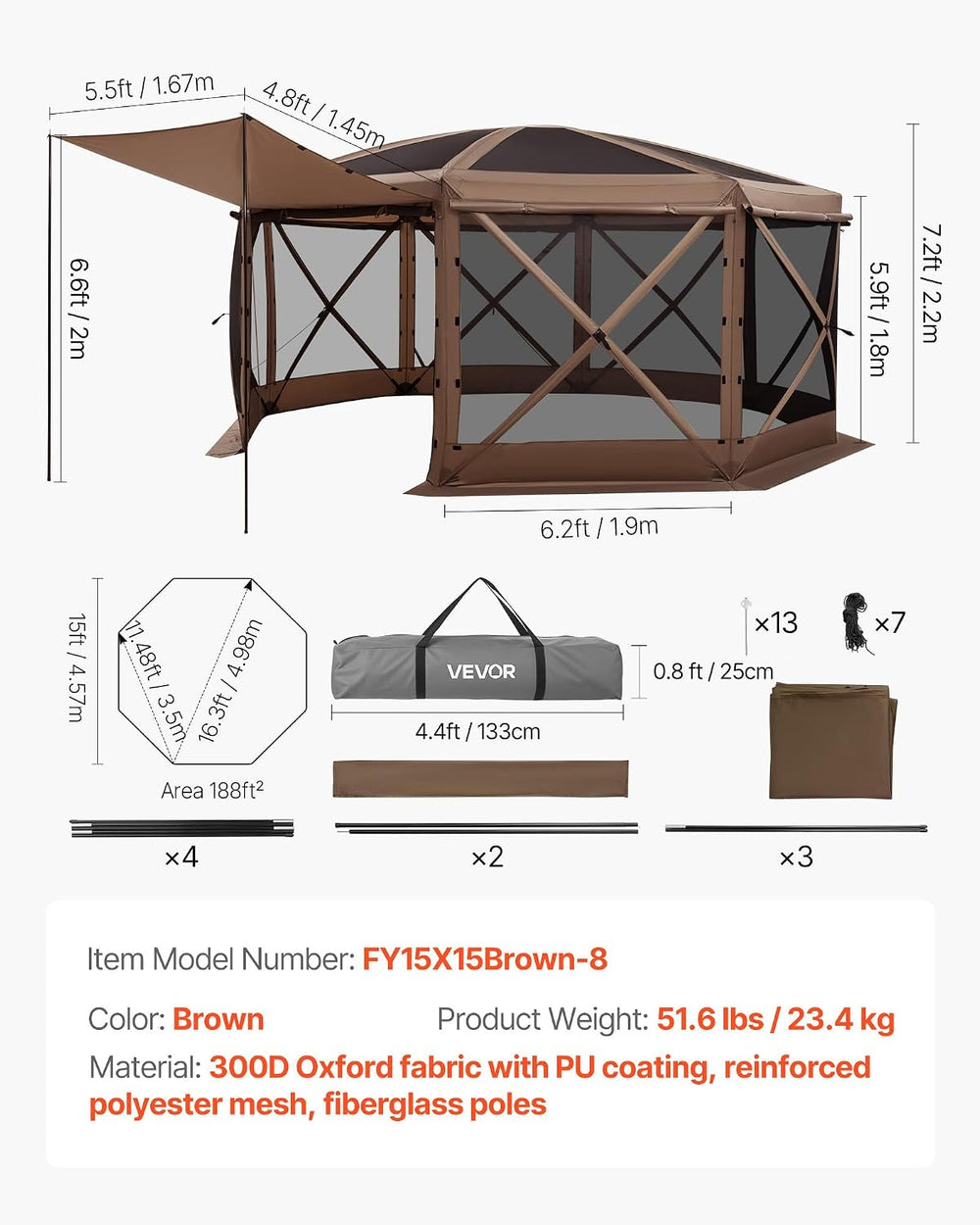 VEVOR Pop up Gazebo Screen Tent, 15 x 15 ft Large 8-Sided Camping Canopy Tent...